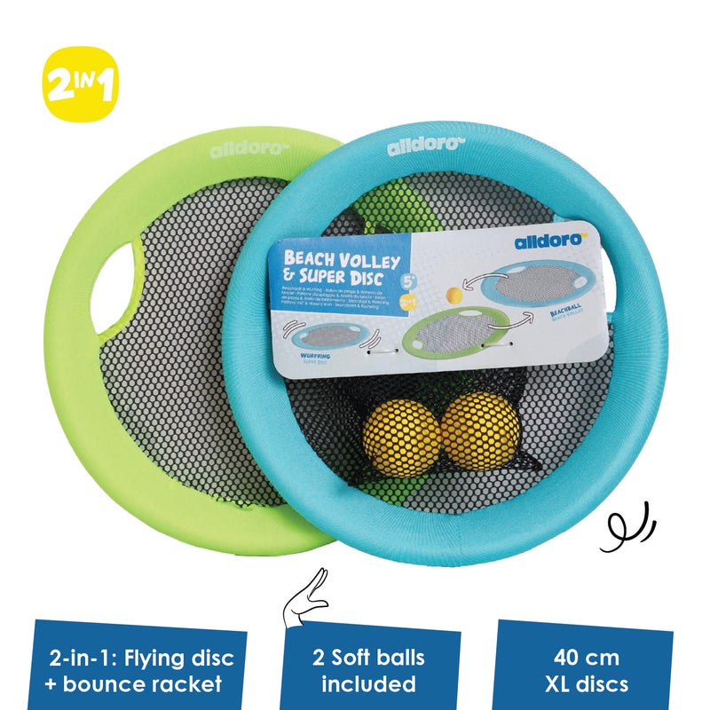 alldoro 2in1 XL Beach Volley and Super Disc Set | Ø40cm Trampoline Rackets | 2 Soft Balls Ø6.5cm | Weather-Resistant | Outdoor Game for Kids Age 5+ - Image 2
