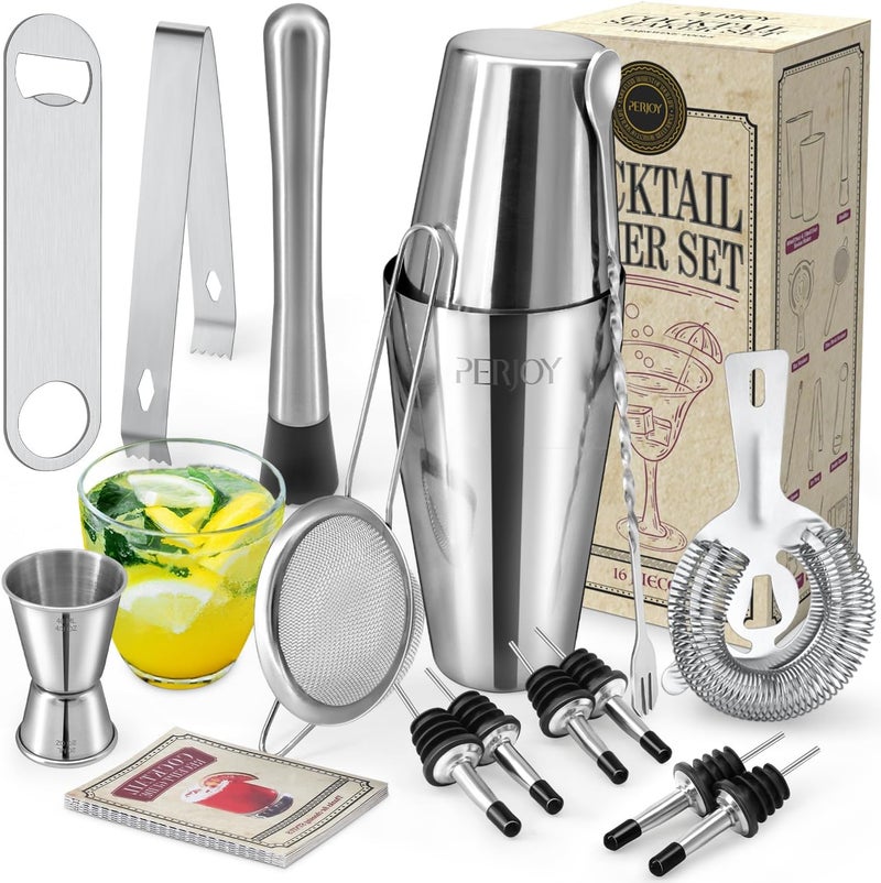 PERJOY Cocktail Shaker Set, 16 Piece Bartender Kit, Cocktail Shaker, Stainless Steel Bar Set Accessories, Coktail Set, Boston Shaker, Drink Mixer Shaker, Bartending Bar Tools with Muddler Spoon Jigger - Image 1