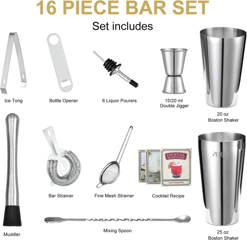 PERJOY Cocktail Shaker Set, 16 Piece Bartender Kit, Cocktail Shaker, Stainless Steel Bar Set Accessories, Coktail Set, Boston Shaker, Drink Mixer Shaker, Bartending Bar Tools with Muddler Spoon Jigger - Image 3
