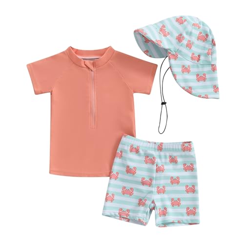 DuAnyozu Baby Boys Swimsuit Long Sleeve Rash Guard Swimwear Baby Boy Gril Swim with Hat Set 3-Piece Toddler Bathing Suit (S-Orange, 6-12 Months) - Image 1