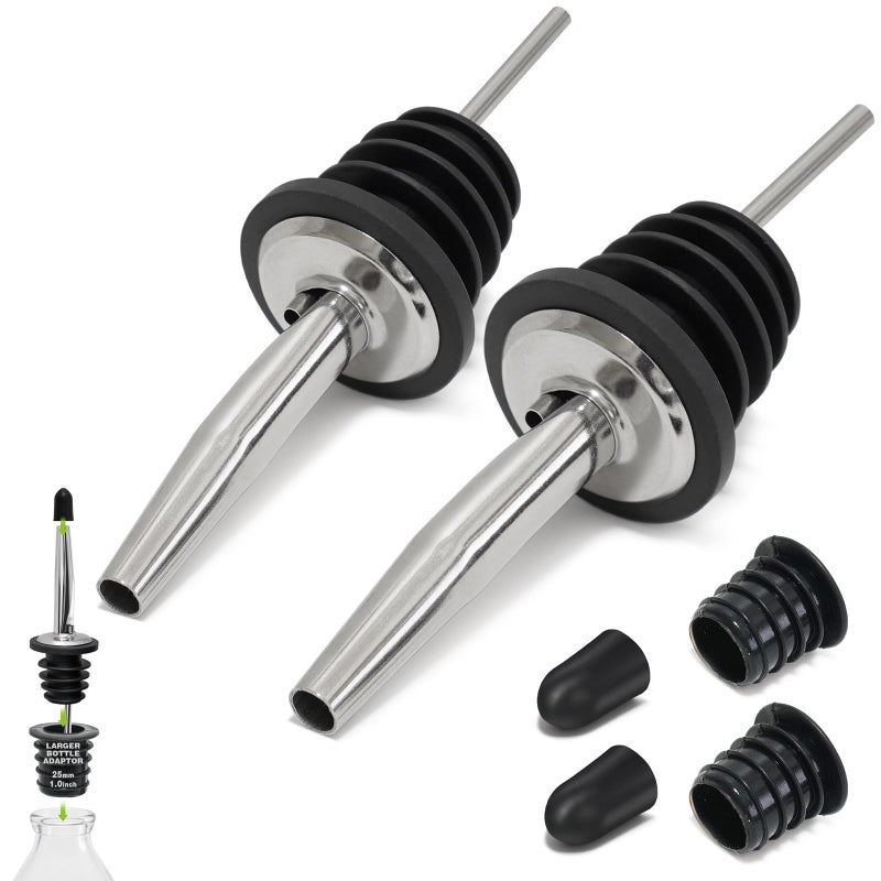BALTRE 2 قطع من صبّات الفولاذ المقاوم للصدأ لصب النبيذ وزيت الزيتون والخل مع سدادات مخروطية وغطاء مطاطي لصب المشروبات الكحولية مع 2 محولات ملحقات السقاة