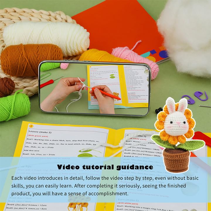 Tusmad Crochet Kit for Beginners Adults Kids 13 Rabbit Sunflower Complete DIY Craft Kit with Colorful Yarns Ergonomic Hooks StepbyStep Video Tutorials Perfect Beginner Toy Creation Gift - Image 4