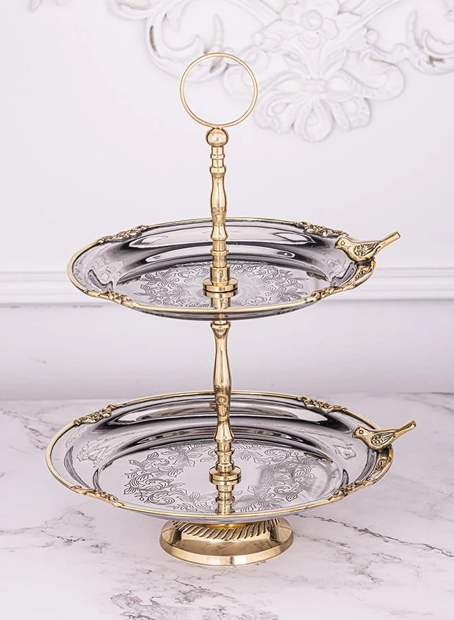 Casa Quesera Birds 2 tier cake stand with brass deatiling by Quesera