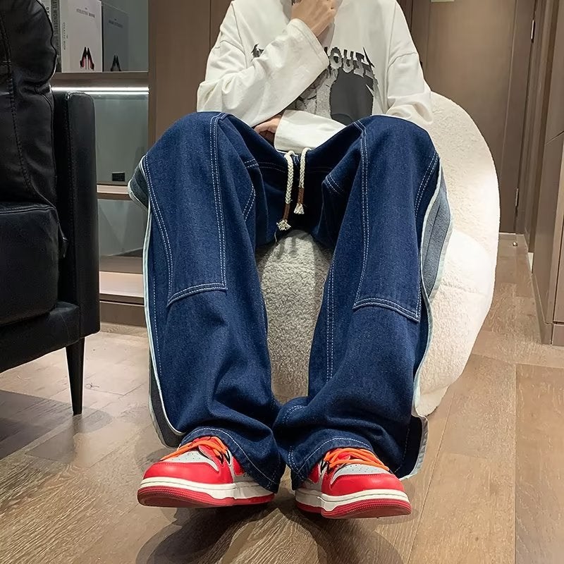 Distressed Washed Elastic Waist Jeans Boys Spring Vibe High Street Retro Loose Wide Leg Casual Straight Trousers - Image 5