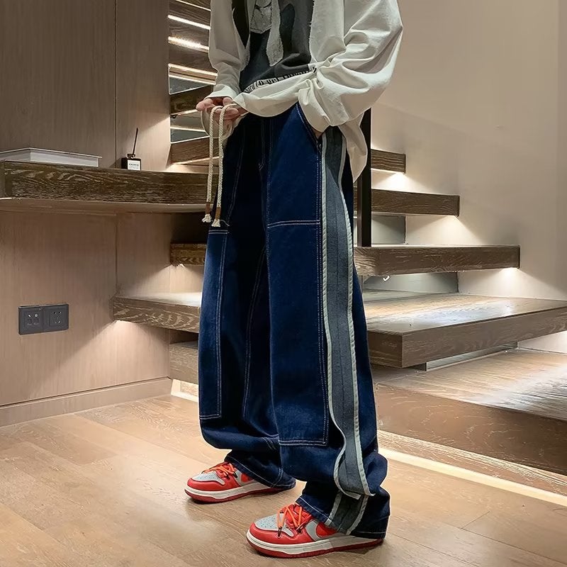 Distressed Washed Elastic Waist Jeans Boys Spring Vibe High Street Retro Loose Wide Leg Casual Straight Trousers - Image 3