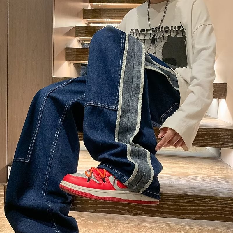 Distressed Washed Elastic Waist Jeans Boys Spring Vibe High Street Retro Loose Wide Leg Casual Straight Trousers - Image 4