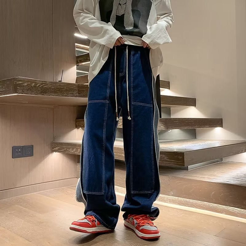 Distressed Washed Elastic Waist Jeans Boys Spring Vibe High Street Retro Loose Wide Leg Casual Straight Trousers - Image 1