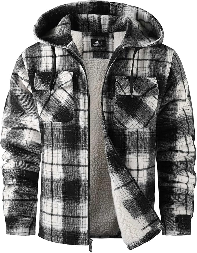 SCODI Mens Flannel Shirt Jacket Fleece Sherpa Lined Plaid Jackets Coat Full Zip Up Hoodie Winter Outwear Black 3XLarge