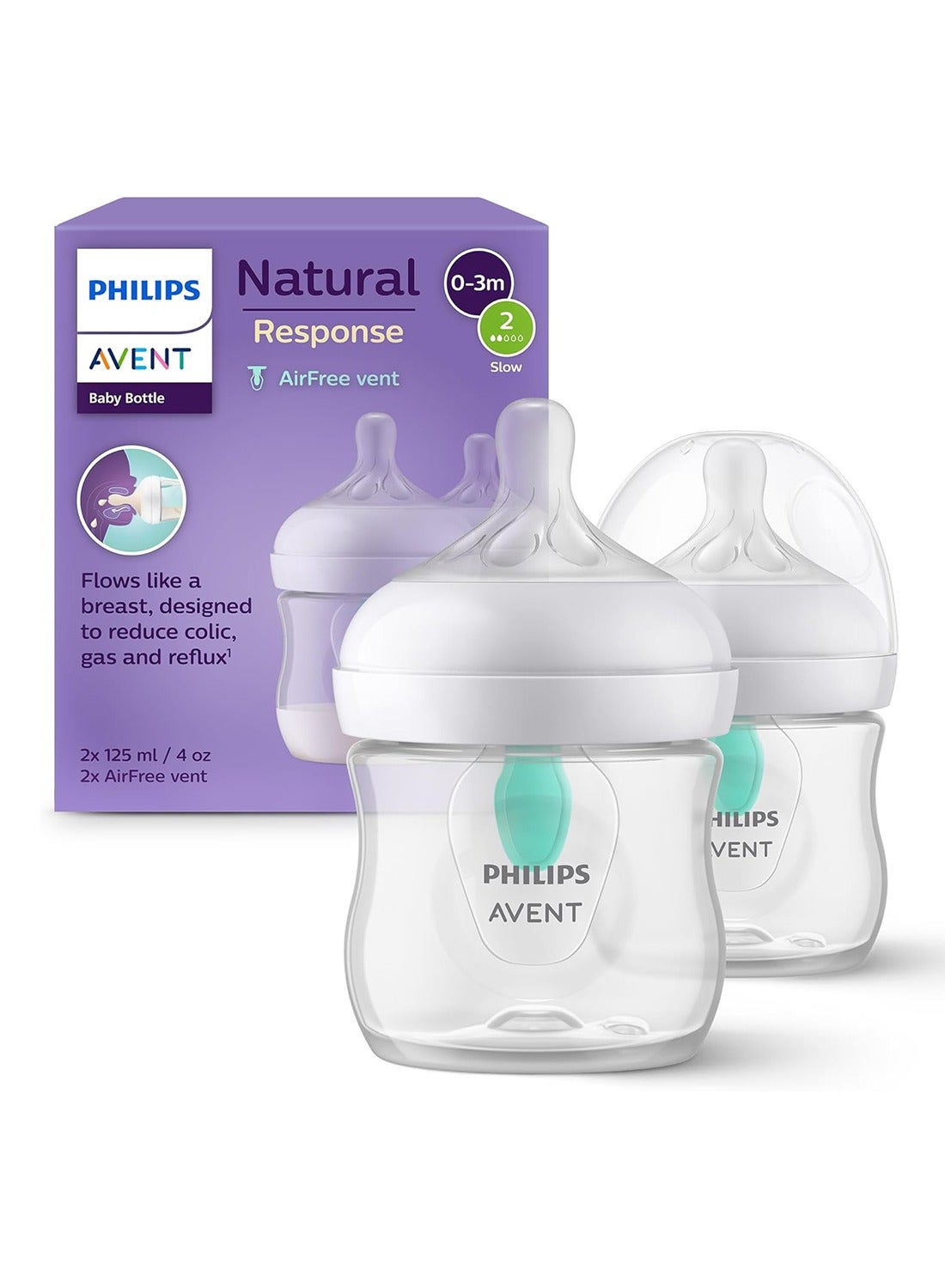Philips Avent Natural Response Baby Bottle 125 Ml, 2 Pack, Baby Milk Bottle With Airfree Vent Bpa Free For Newborn Babies