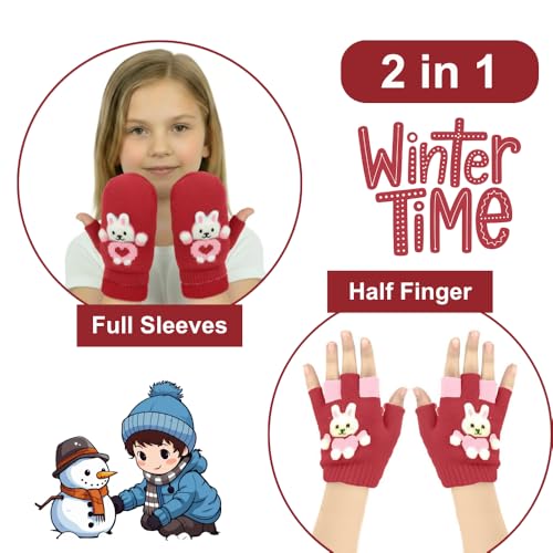 SOLDTRUE Soft Kids Winter Warm Knitted Fingerless Gloves Fashion Gloves Cute Half Finger Gloves Warm Gloves for Cold Weather(Age 3-8 Years) (Pair of 1) (Red) - Image 2