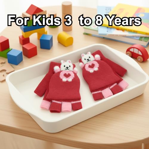 SOLDTRUE Soft Kids Winter Warm Knitted Fingerless Gloves Fashion Gloves Cute Half Finger Gloves Warm Gloves for Cold Weather(Age 3-8 Years) (Pair of 1) (Red) - Image 4