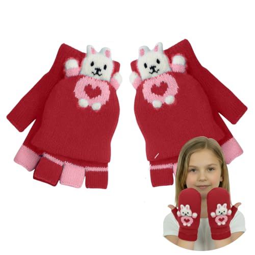 SOLDTRUE Soft Kids Winter Warm Knitted Fingerless Gloves Fashion Gloves Cute Half Finger Gloves Warm Gloves for Cold Weather(Age 3-8 Years) (Pair of 1) (Red) - Image 1