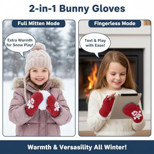 SOLDTRUE Soft Kids Winter Warm Knitted Fingerless Gloves Fashion Gloves Cute Half Finger Gloves Warm Gloves for Cold Weather(Age 3-8 Years) (Pair of 1) (Red) - Image 3