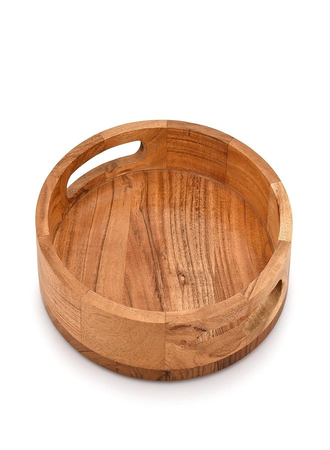 Mahasu Serving Trays Acacia Wood Round Decoration Wooden Tray Unique Design for Serving, Coffee Table, Home Décor and Entertaining (10" x 10" x 1.6") - Image 3