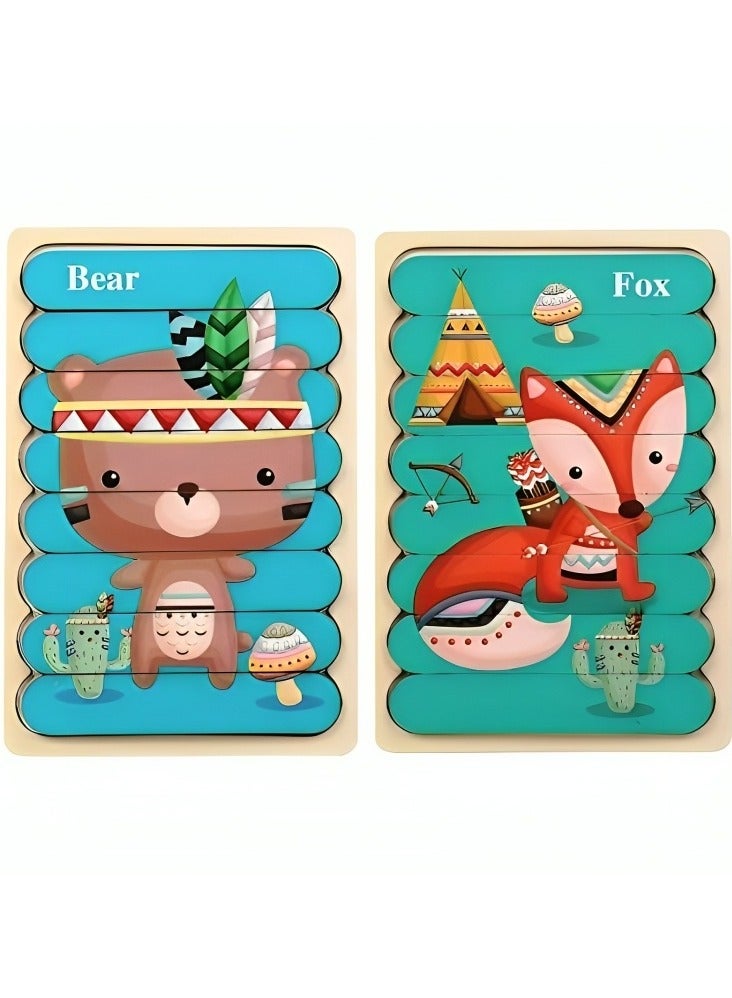 Wooden 3D Jigsaw Puzzles Double Style for Toddlers, Teacher Parents Early Learning Support Tools, Montessori Motor and Sensory Skills Develop Toys, Ideal Kids Gift (Bear & Fox Style) - Image 1