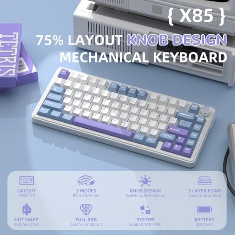 A.JAZZ x ATTACK SHARK X85 Gasket Mechanical Keyboard75 Wireless Gaming Keyboard with Knob 5-Layer Padding 2.4G Wireless Bluetooth USB-C Wired Hot-Swap Linear Switch RGB NKRO for PC MAC White Purple - Image 2