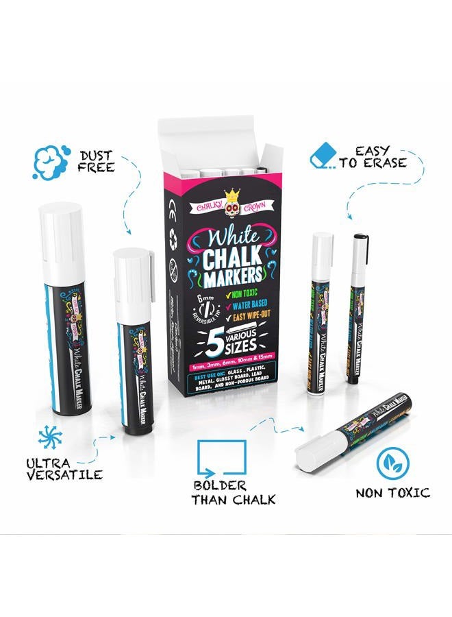 CHALKY CROWN 5pc White Chalk Markers - Non-Toxic Liquid Chalkboard Markers, White Liquid Chalk Marker for Windows, Glass - 1, 3, 6, 10, 15mm Tips - Image 3
