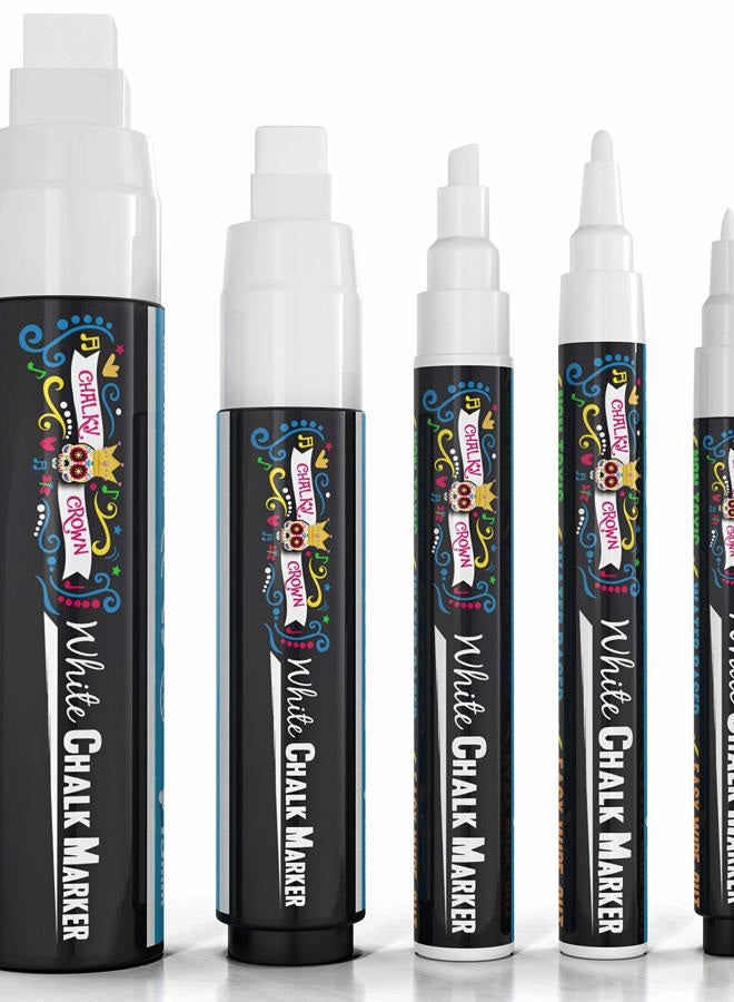 CHALKY CROWN 5pc White Chalk Markers - Non-Toxic Liquid Chalkboard Markers, White Liquid Chalk Marker for Windows, Glass - 1, 3, 6, 10, 15mm Tips - Image 1