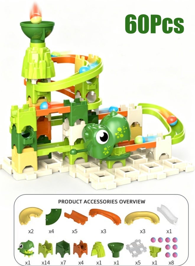 60Pcs Marble Runs, Marble Run Building Blocks for Kids 3-12, Marble Track Run Toy Ball Ejection Toy Dinosaur Climbing Hills Railcar STEM Building Toys with 8 Mini Balls - Image 1