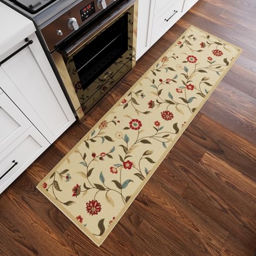 Ottomanson Hallway Runner Rug 1'10" x 7' Non Slip Floral Area Rugs Easy to Clean Laundry Rug Runner Durable Pet Friendly Floor Carpet Runners for Hallways Entryway Living Room Kitchen Bathroom, Beige - Image 1