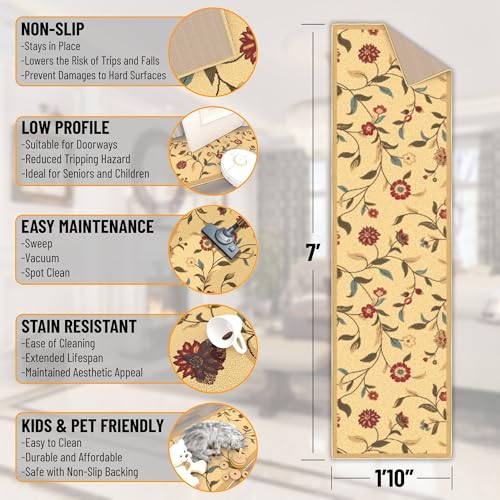 Ottomanson Hallway Runner Rug 1'10" x 7' Non Slip Floral Area Rugs Easy to Clean Laundry Rug Runner Durable Pet Friendly Floor Carpet Runners for Hallways Entryway Living Room Kitchen Bathroom, Beige - Image 2
