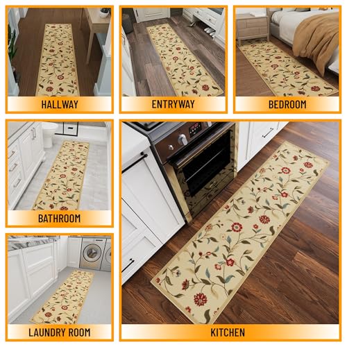 Ottomanson Hallway Runner Rug 1'10" x 7' Non Slip Floral Area Rugs Easy to Clean Laundry Rug Runner Durable Pet Friendly Floor Carpet Runners for Hallways Entryway Living Room Kitchen Bathroom, Beige - Image 3
