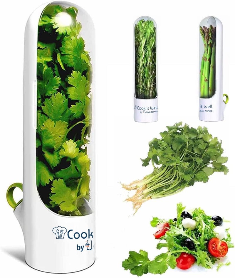 كليك آند بيك COOK IT WELL حافظة الأعشاب – حاوية تخزين الأعشاب للكزبرة الطازجة، النعناع، البقدونس، الهليون – حافظة الخضار للثلاجة – حاوية حفظ الأعشاب محكمة الإغلاق – حافظة الأوراق الطازجة – وعاء - Image 1