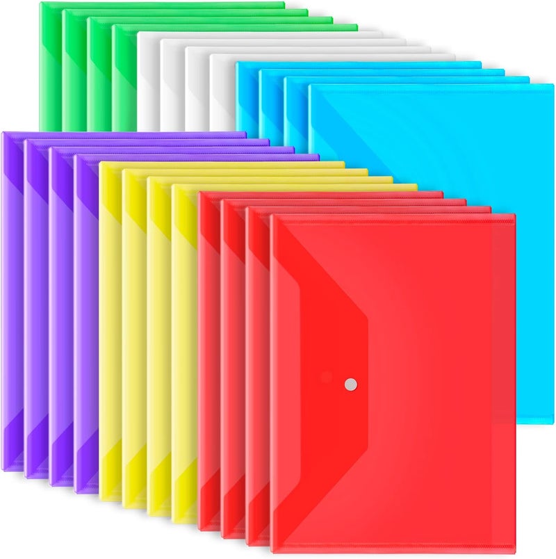 LEOBRO 24 PCS Plastic File Folders, A4 Letter Size Clear Envelopes with Snap Closure, Colored, 32.4 cm x 23.4 cm (12.7 inches x 9.1 inches), Blue, Green, Purple, Red, Yellow - Image 1
