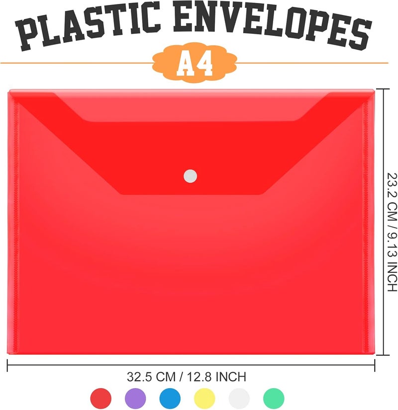 LEOBRO 24 PCS Plastic File Folders, A4 Letter Size Clear Envelopes with Snap Closure, Colored, 32.4 cm x 23.4 cm (12.7 inches x 9.1 inches), Blue, Green, Purple, Red, Yellow - Image 2