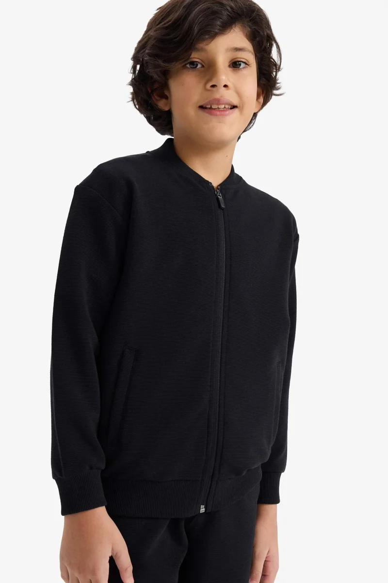 ديفاكتو Regular Fit Bomber Collar Zip-Up Sweatshirt