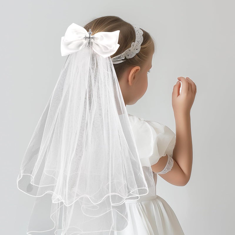 NEZLOP First Communion Veil crystal Cross and Bow Veil for First Communion Dress Up Chapel Baptism - Image 4