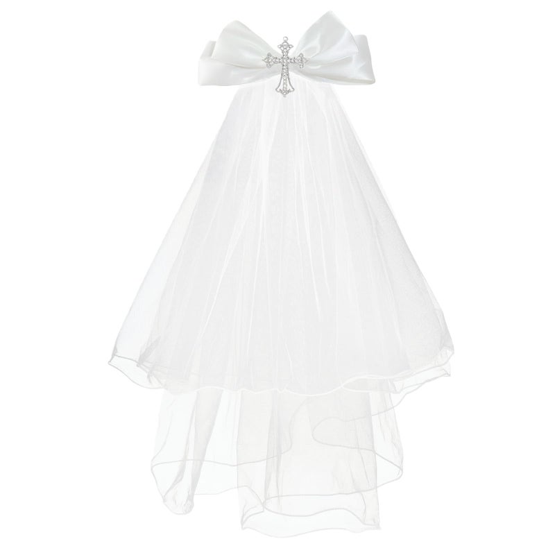 NEZLOP First Communion Veil crystal Cross and Bow Veil for First Communion Dress Up Chapel Baptism - Image 1