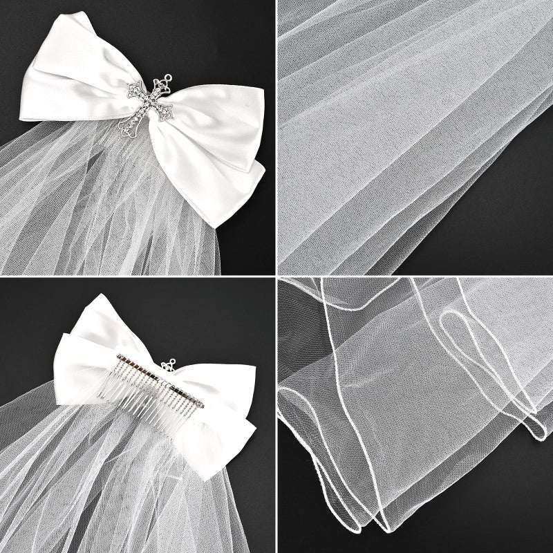 NEZLOP First Communion Veil crystal Cross and Bow Veil for First Communion Dress Up Chapel Baptism - Image 3