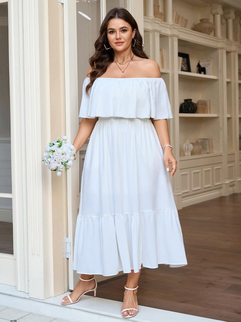 SCOMCHIC Womens Plus Size Wedding Guest Cocktail Dresses Off The Shoulder Smocked Waist Ruffle Slit Maxi Dress White - Image 3