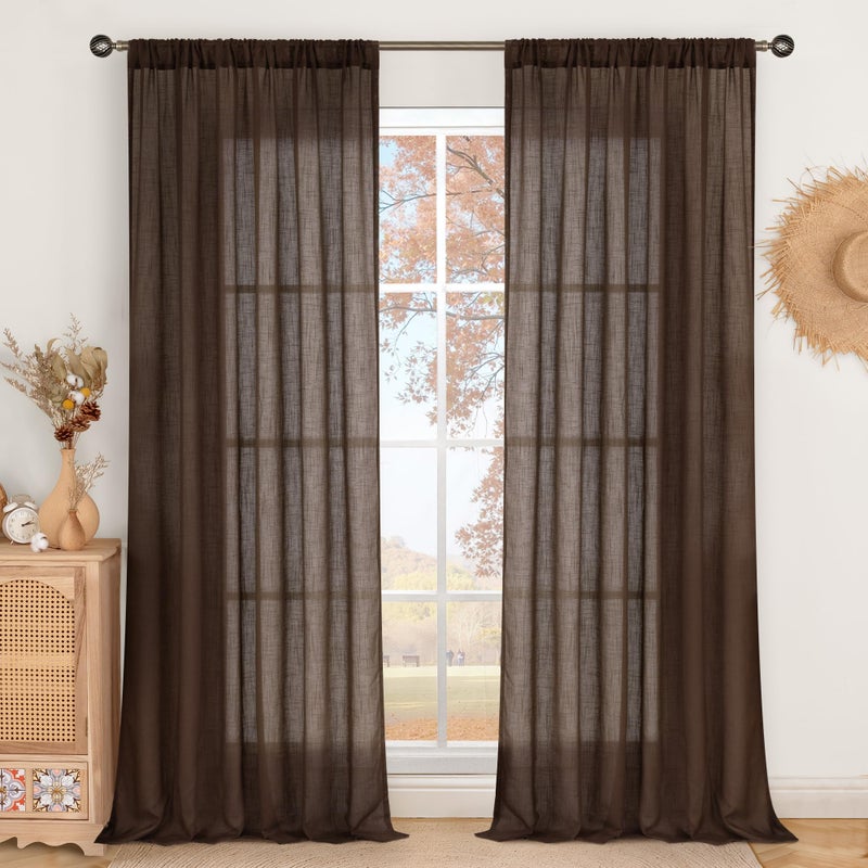 BGment 96 Inches Long Linen Curtains for Living Room, Brown Semi Sheer Window Drapes Rustic Textured for Farmhouse Beroom Dining Room Decor Rod Pocket Lightweight, 2 Panels Set, Each 52 Inch Wide - Image 1