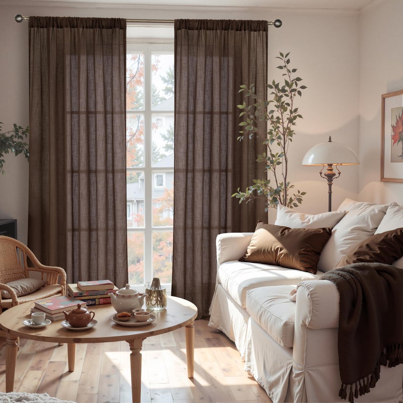 BGment 96 Inches Long Linen Curtains for Living Room, Brown Semi Sheer Window Drapes Rustic Textured for Farmhouse Beroom Dining Room Decor Rod Pocket Lightweight, 2 Panels Set, Each 52 Inch Wide - Image 2