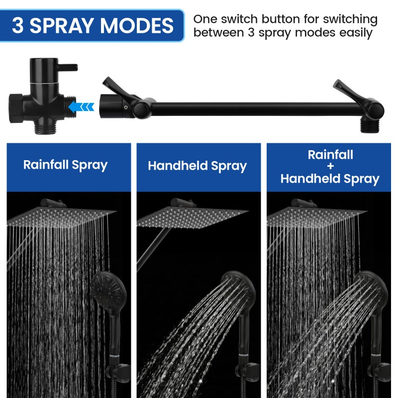 Tudoccy Shower Head, 12â€˜â€™ High Pressure Rainfall/Handheld Shower Combo with 11'' Extension Arm, 9 Settings, Anti-leak Shower Head with Holder, Height/Angle Adjustable, Matte Black - Image 5