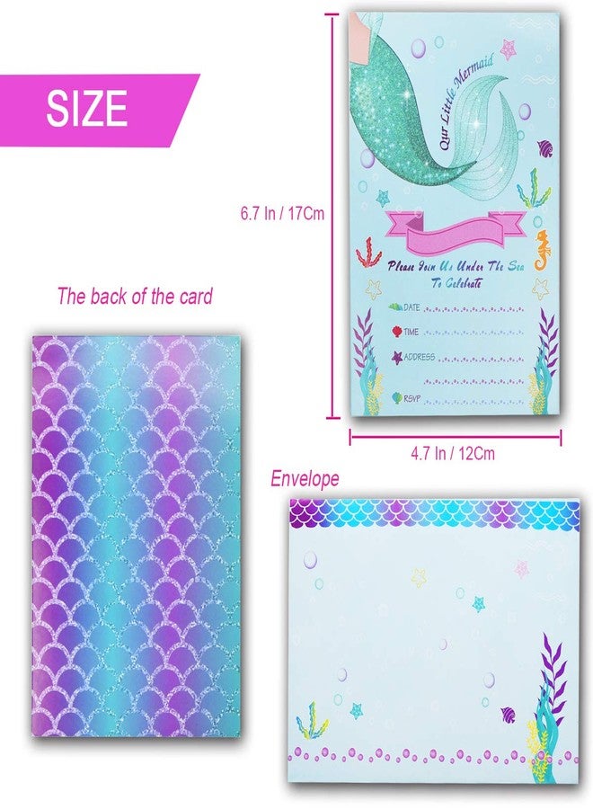 تي-أنتريكس بطاقات دعوة لحفلة حورية البحر من تي-أنتريكس، 24 بطاقة دعوة سحرية لامعة قابلة للتعبئة مع 24 ظرفًا، مثالية لحفلات أعياد ميلاد الفتيات، وحفلات استقبال المولود، وحفلات الزفاف، وحفلات السباحة، وحفلات حورية البحر. - Image 2