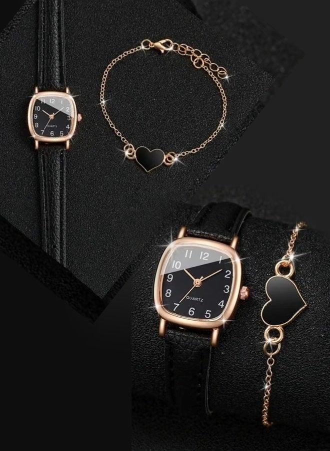 Women's Water Resistant Leather Analog Watch Set Casual Compact Square Dial Faux Leather Strap Quartz Watch, Simple and Fashionable Retro Ladies Watch, Easy to Read - Image 2