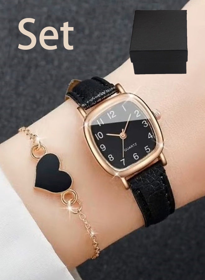 Women's Water Resistant Leather Analog Watch Set Casual Compact Square Dial Faux Leather Strap Quartz Watch, Simple and Fashionable Retro Ladies Watch, Easy to Read - Image 1