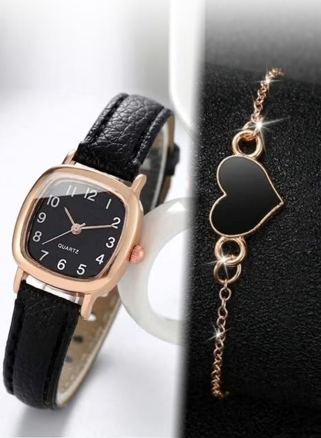 Women's Water Resistant Leather Analog Watch Set Casual Compact Square Dial Faux Leather Strap Quartz Watch, Simple and Fashionable Retro Ladies Watch, Easy to Read - Image 4