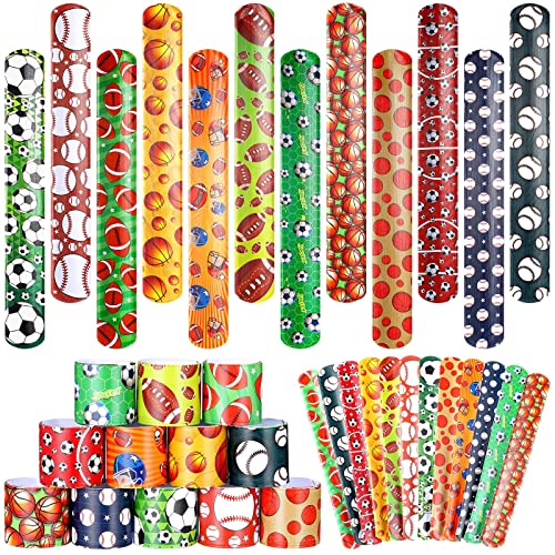 Deekin 48 Pcs Sports Party Favors Slap Bracelets Football Baseball Soccer Snap Bracelet Bands Slap Bands Colorful Decorations for Kids Birthday Party Supplies 88 x 12 Inch - Image 1