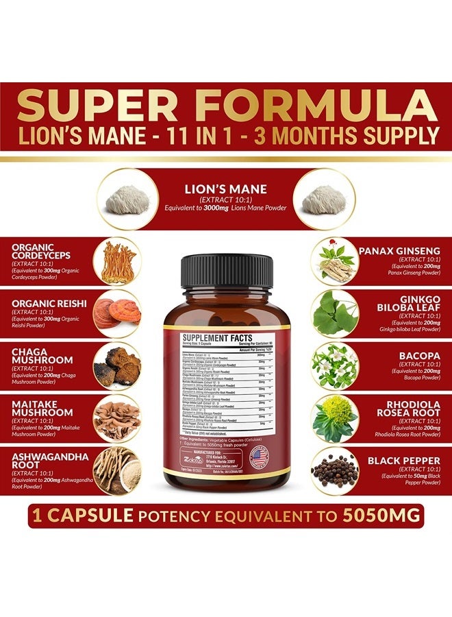 Zolotus 11 in 1 Lions Mane Mushroom Capsules, Equivalent to 5050mg, 3 Month Supply with Cordeyceps, Reishi, Ashwagandha, Panax Ginseng, Focus, Memory and Brain Support Supplement, Immune Support, Energy Pills - Image 2