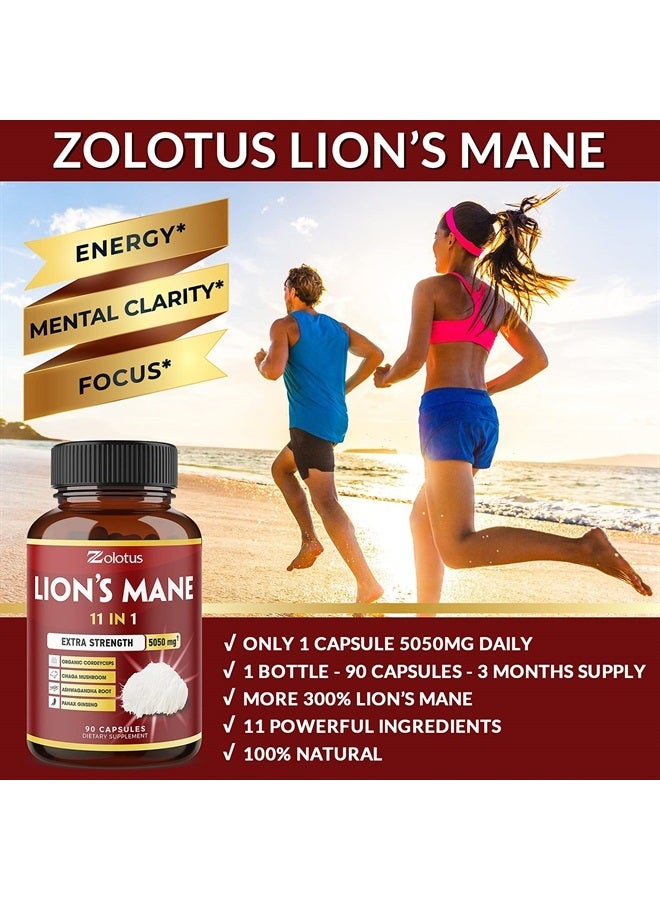 Zolotus 11 in 1 Lions Mane Mushroom Capsules, Equivalent to 5050mg, 3 Month Supply with Cordeyceps, Reishi, Ashwagandha, Panax Ginseng, Focus, Memory and Brain Support Supplement, Immune Support, Energy Pills - Image 3