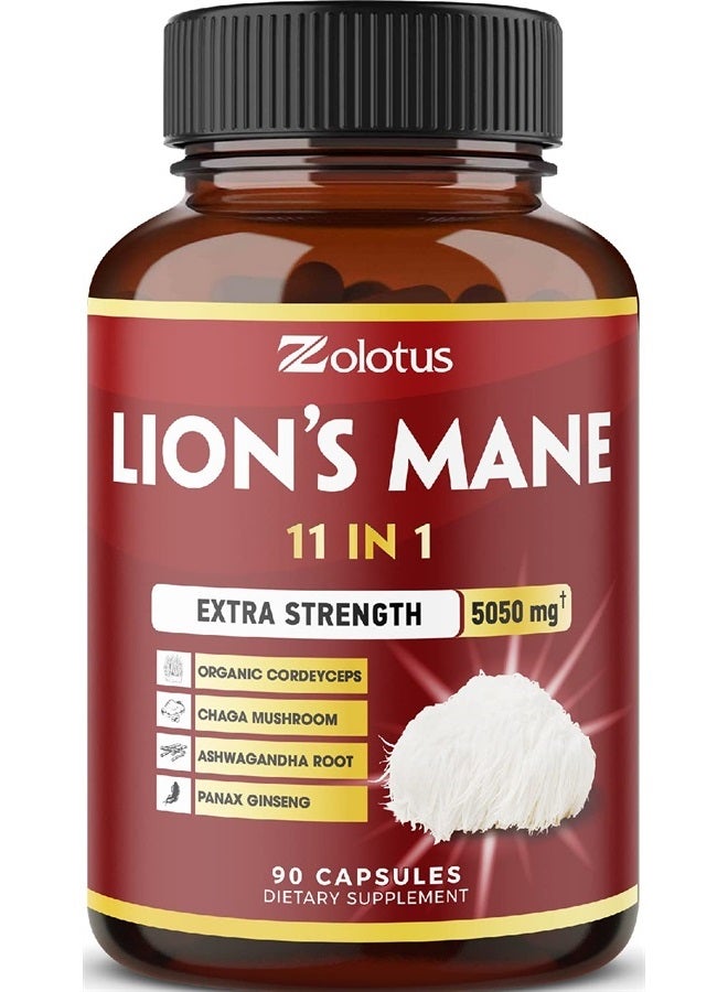 Zolotus 11 in 1 Lions Mane Mushroom Capsules, Equivalent to 5050mg, 3 Month Supply with Cordeyceps, Reishi, Ashwagandha, Panax Ginseng, Focus, Memory and Brain Support Supplement, Immune Support, Energy Pills - Image 1