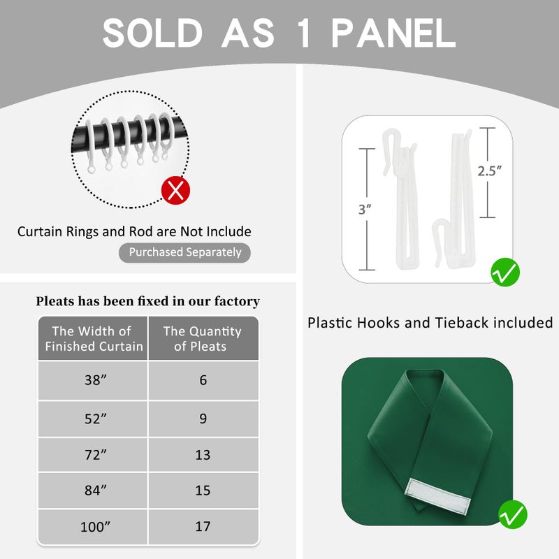 OYRING OYRING Dark Green Sunblock Pinch Pleat Curtain with Tieback for Small Window  Thermal Insulated Patio Door Pleated Drape for Traverse Rod and Track  52"" W x 63"" L  1 Panel  - Image 4