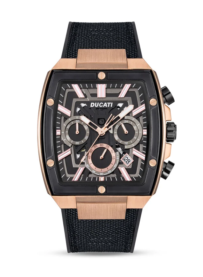 دوكاتي Ducati DT005 Chronograph Watch for Men - Black Dial with Rose-Gold Accents, Water Resistant Up to 50M, Multi-Layered 40MM Case, Leather & Silicone Strap