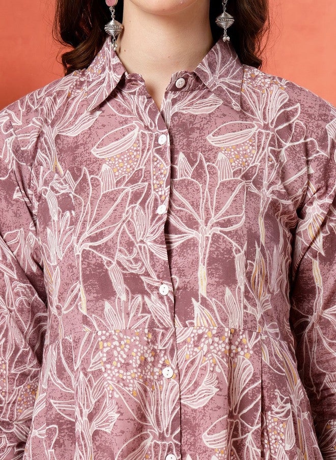 LARGISH Floral Printed Shirt Collar Pure Cotton Anarkali Kurta With Trousers - Image 2