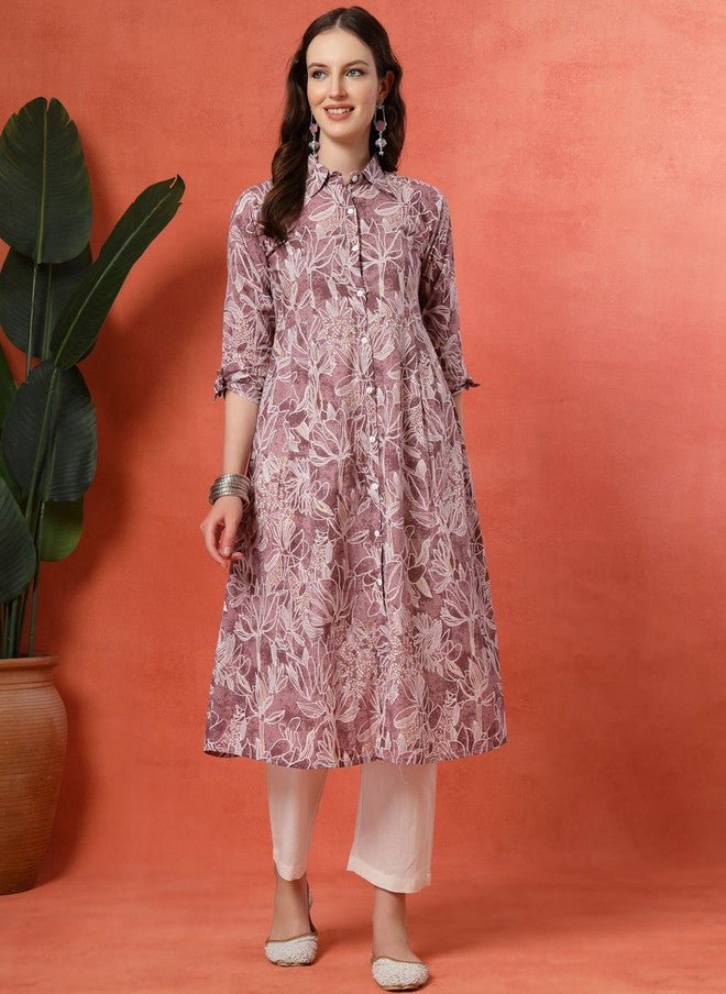 LARGISH Floral Printed Shirt Collar Pure Cotton Anarkali Kurta With Trousers - Image 1