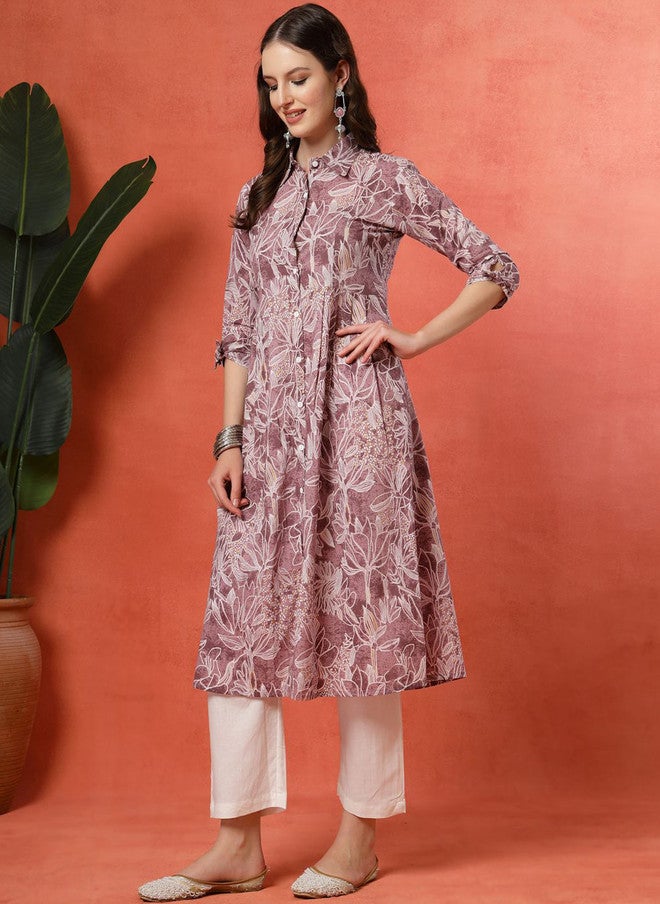 LARGISH Floral Printed Shirt Collar Pure Cotton Anarkali Kurta With Trousers - Image 5